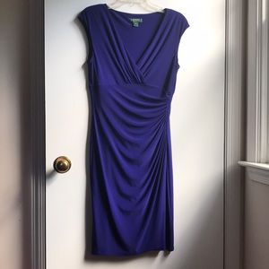 Ralph Lauren Purple Faux Wrap V Neck Dress Ruched